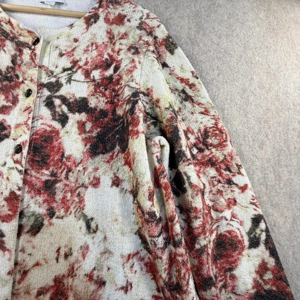 J. Jill Womens Floral Cardigan Sweater Red Cream Button Front‎ Knit Size L